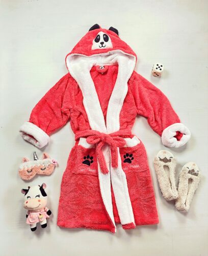 Idei Cadouri de Craciun Copii Online 🎅 Halat dama corai roz cu imprimeu Panda pufos si calduros