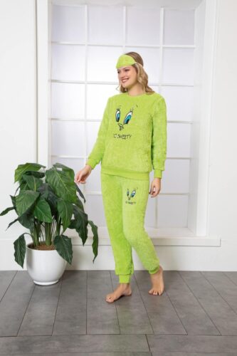 Idei Cadouri de Craciun Copii Online 🎅 Pijama Cocolino groasa din material pufos Verde din trei piese cu pantaloni lungi si masca somn PJD037